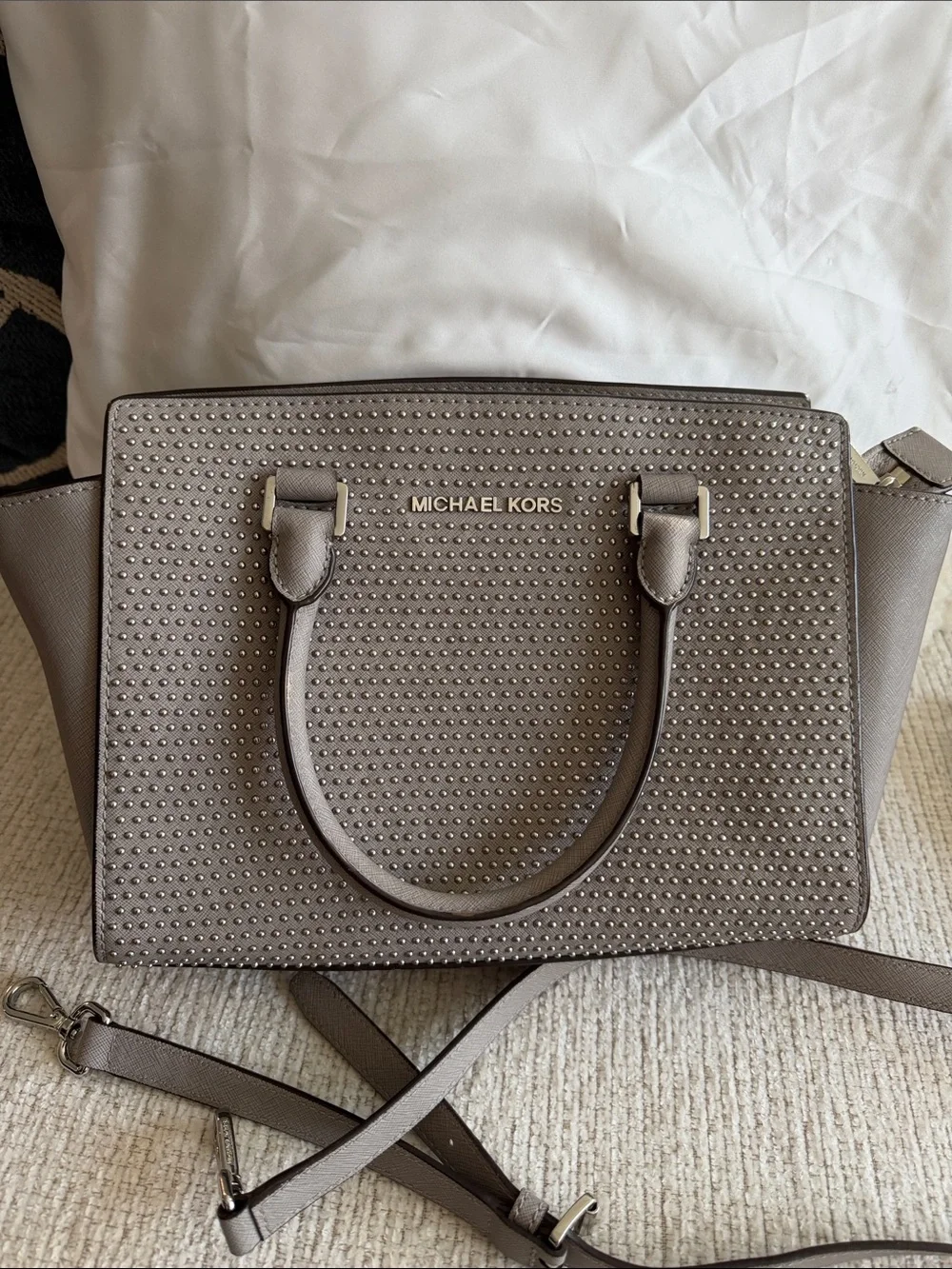 Michael Kors Pearl Grey Medium Leather Selma Satchel